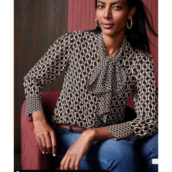 Chico's Sz 2 (12) Long Sleeve Geometric Links Gold/Black Removable Neck Tie EUC - Picture 1 of 16